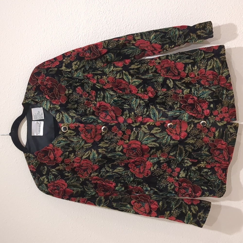 Vintage Floral Black Velvet Evening Wear Christmas Blazer Jacket Size 14/16 - Picture 1 of 4